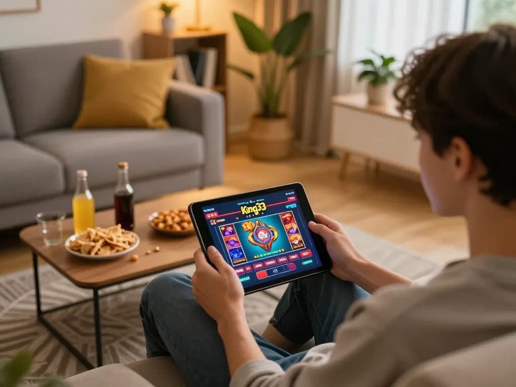 Engaging in king33 online gaming on a cozy sofa with tablet and snacks close by.