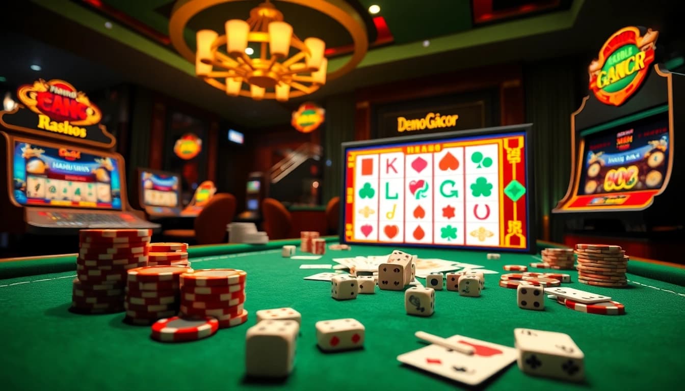 Play demo gacor on a vibrant online Mahjong Ways slot machine with exciting graphics and casino elements.