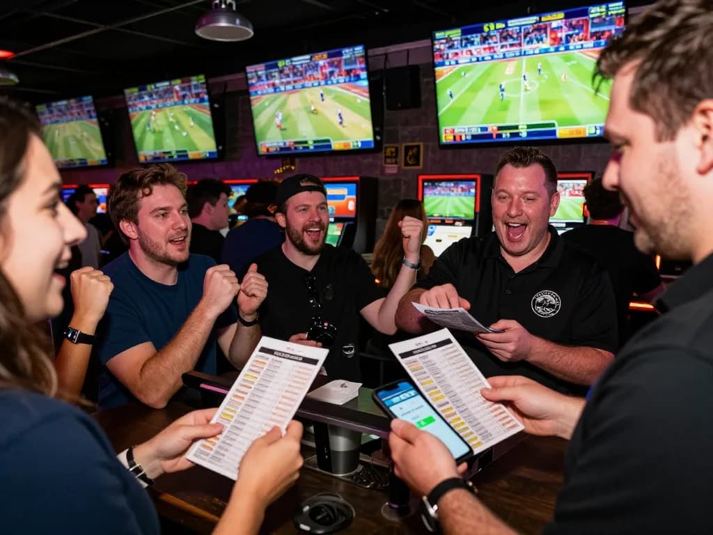 Excited bettors engaging with MM88 sports betting apps amidst a vibrant venue atmosphere.