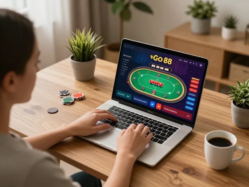 Playing Go 88 online poker on a laptop in a cozy home office setting