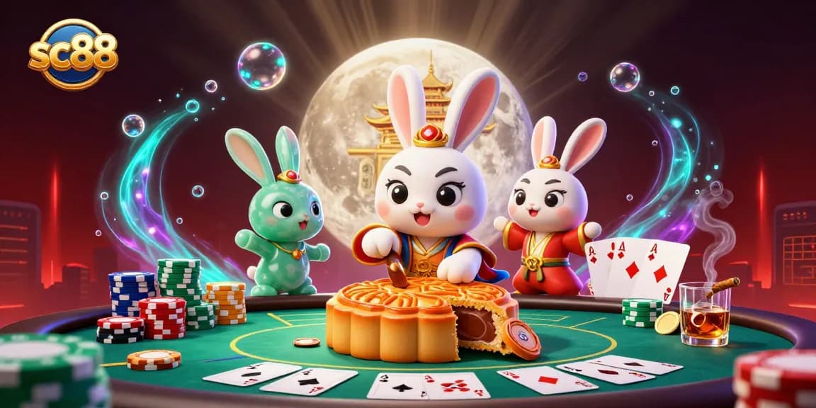 Experience sc88 where playful moon rabbits reveal treasures of poker chips in a vibrant casino scene