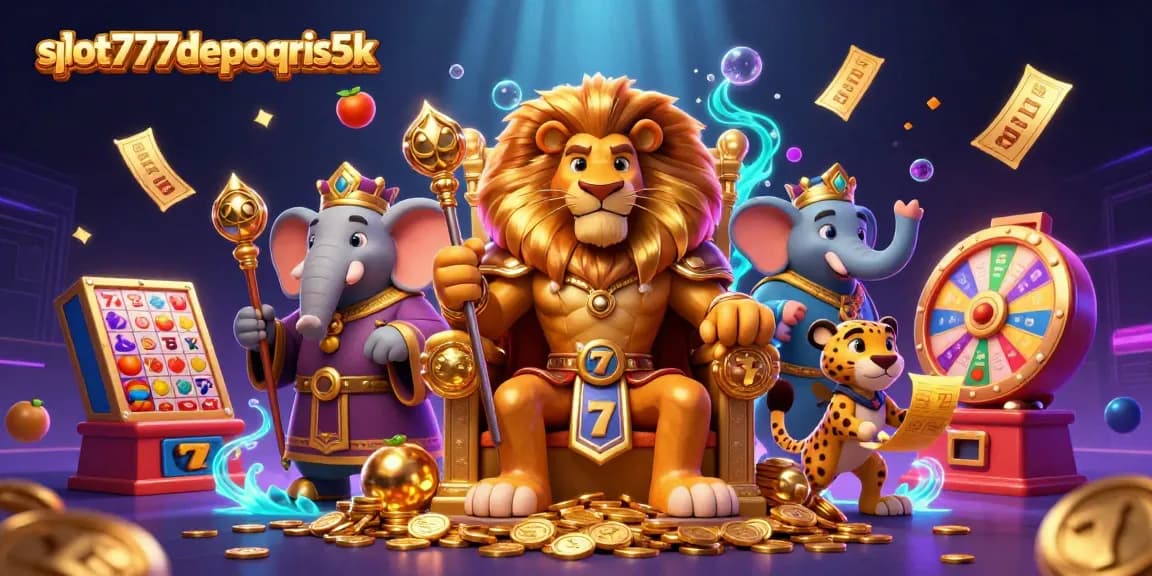 Engage with slot777depoqris5k through exciting jackpot visuals featuring a lion king and dynamic gaming elements.