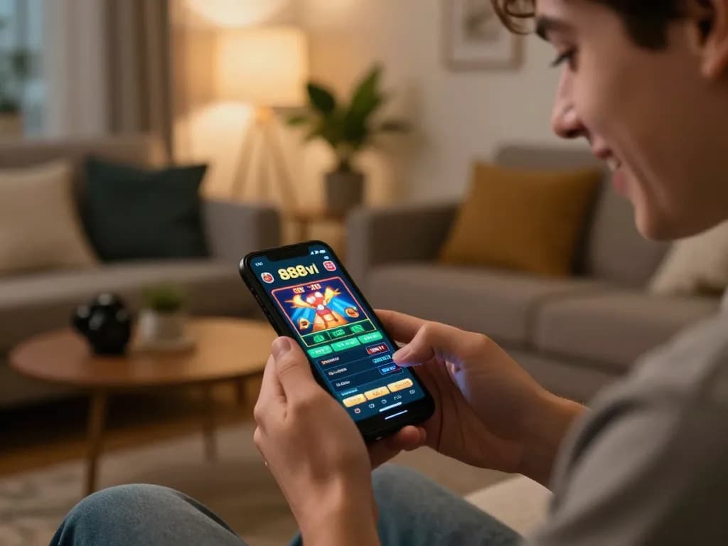 Player using the 888vi app on phone for engaging online gambling experience in a cozy home setting
