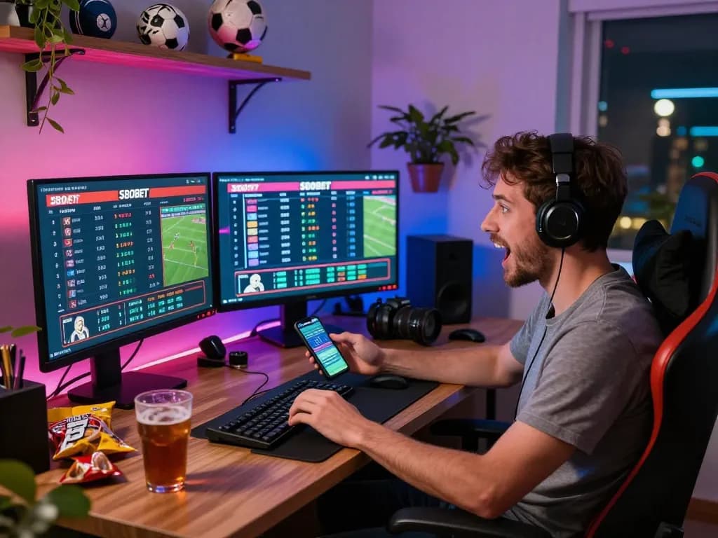 Enthusiastic sports bettor engaged with SBOBET odds at home workstation.