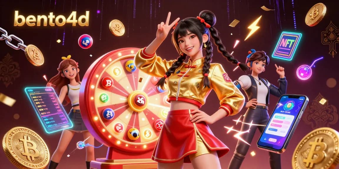 Pemain taruhan terlibat dengan bento4d, menampilkan bola lotere berwarna-warni dan roda hadiah yang berputar di lingkungan kasino online yang hidup.