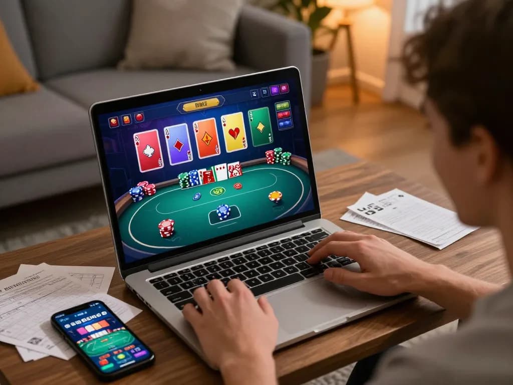 sin88 online poker game on laptop with colorful cards and chips in a cozy living room atmosphere