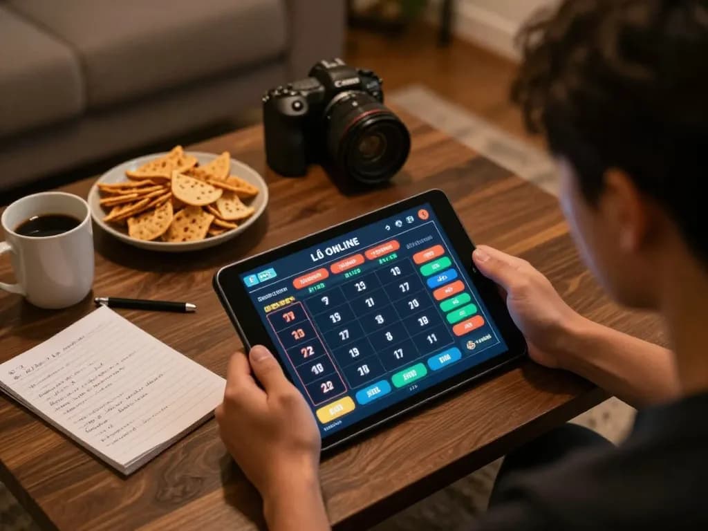 Lô đề online betting activity showcased on a tablet screen in a cozy living room setting with notes and snacks.