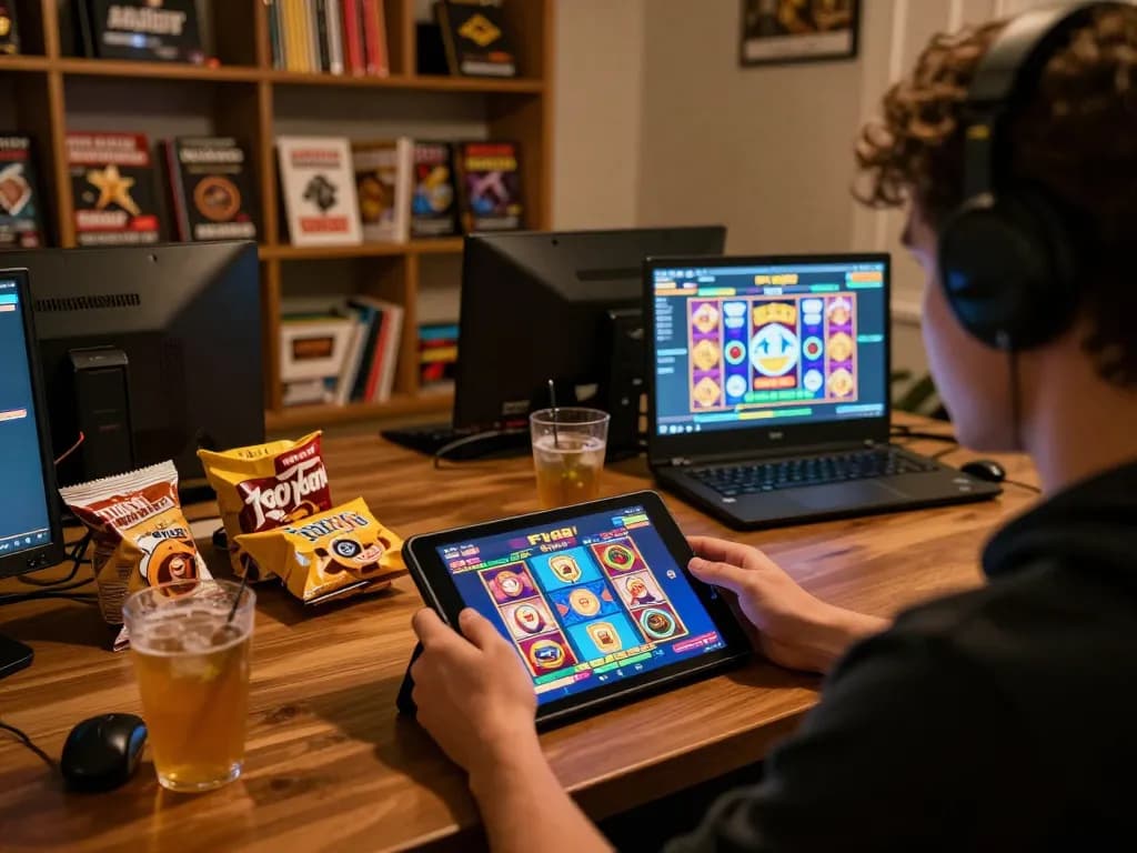 Engaging in F168 online gaming on tablet with vibrant slot interface, surrounded by snacks