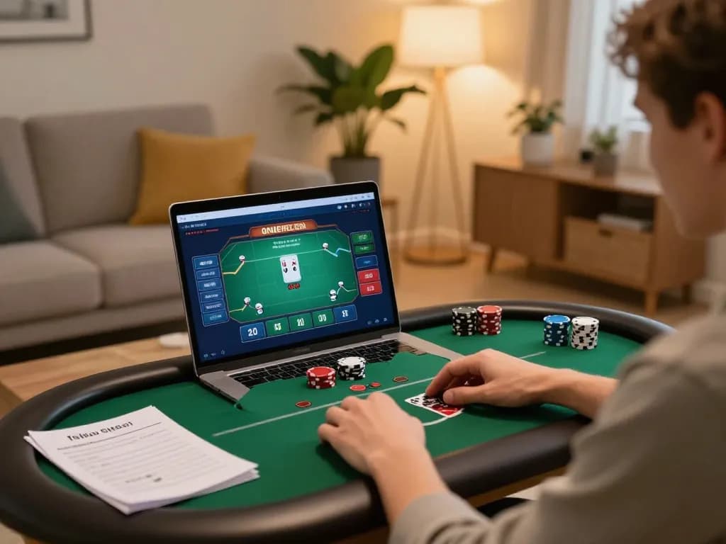 Experience online gaming with RR88, showcasing poker gameplay at home with cozy setting.