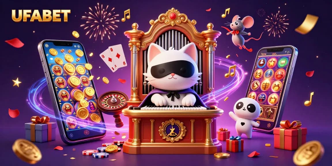 Engage in thrilling gaming moments at UFABET with a colorful slot game surrounded by vibrant casino elements.