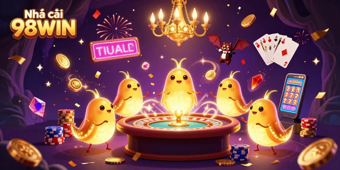 Engage with Nhà cái 98WIN at a vibrant underground casino featuring lively games and glowing neon elements.