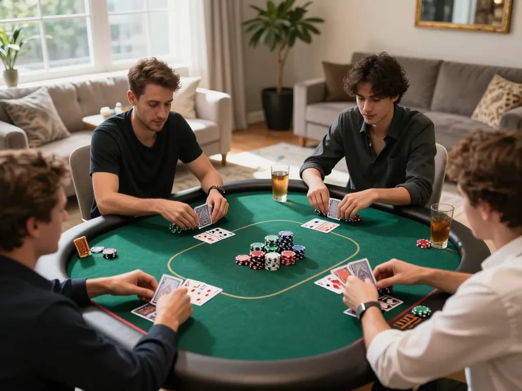 Pemain yang terlibat menggunakan strategi Situs Judi Online dalam pengaturan permainan poker nyaman di rumah dengan chip dan kartu.