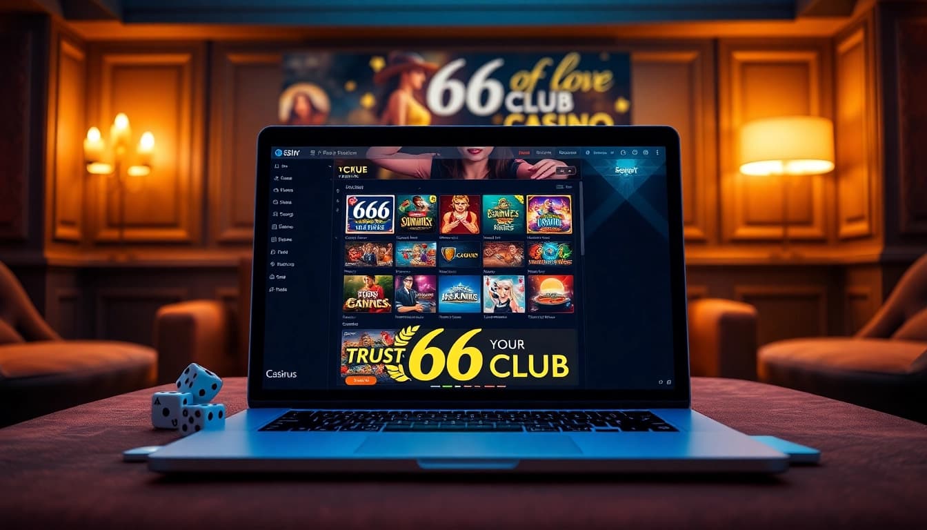 Experience the excitement of the 66 Club with a modern online gambling interface showcasing various games in a luxurious lounge setting.