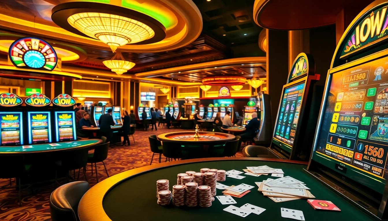 Interactive gaming experience at 69VN with vibrant slot machines and poker tables.