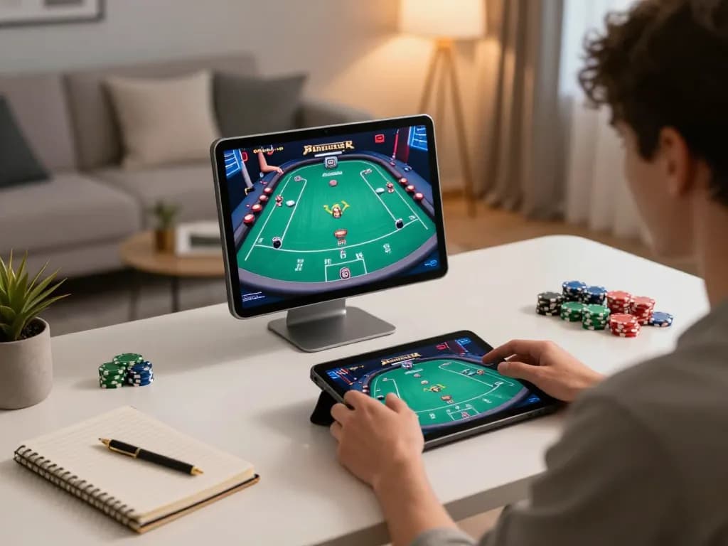 Hitclub player engaging in strategic online poker gameplay on tablet with notes nearby.