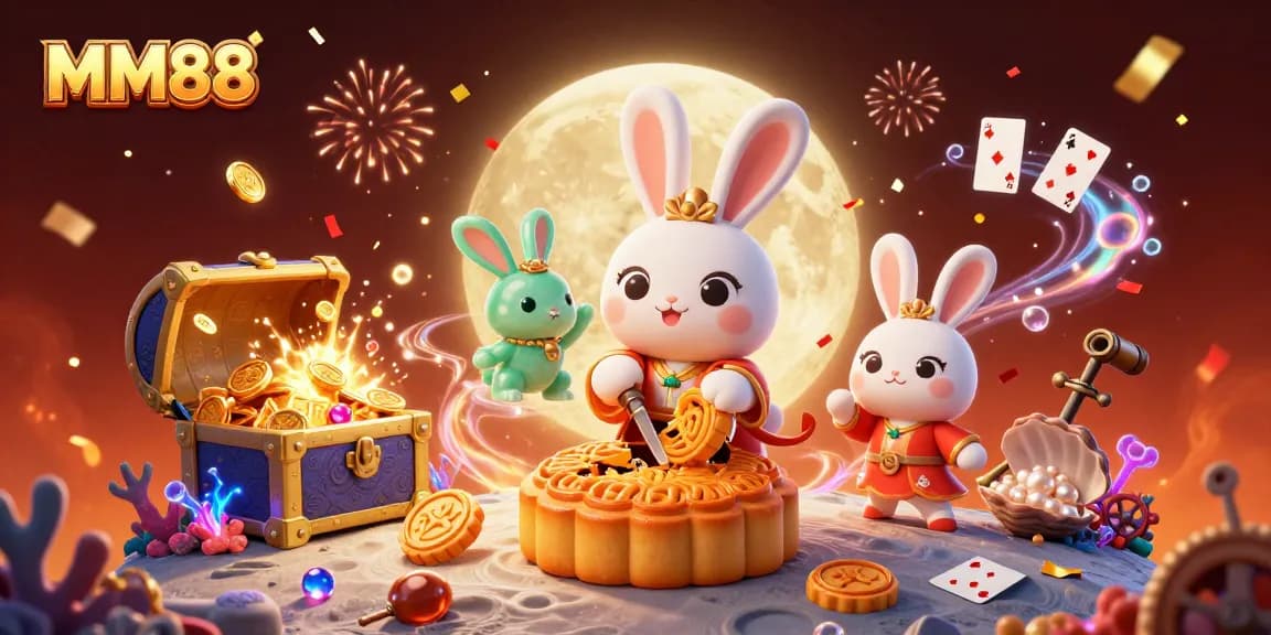 Experience MM88's vibrant world with the moon rabbit showcasing poker chips amidst festive fireworks.