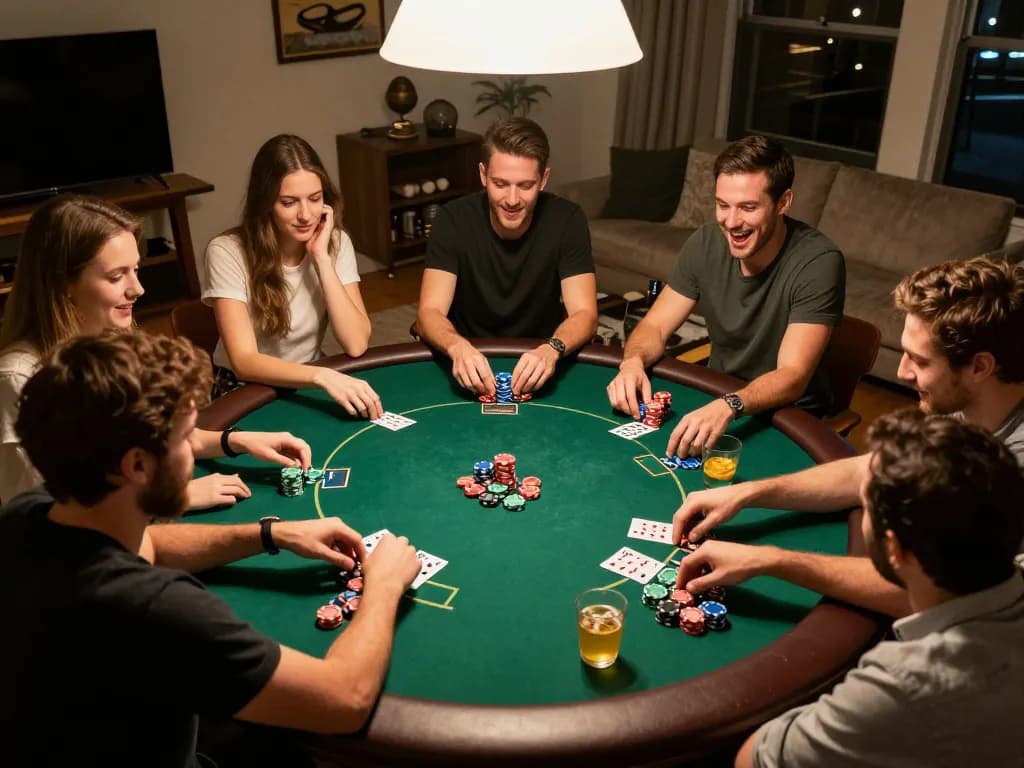 Players enjoying a competitive poker game with LGOLUX chips, engaging atmosphere, snacks around the table