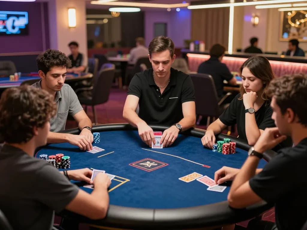 Players engaging in an online poker game with tactical decisions, featuring cm88 cards and chips in a modern gaming setting.