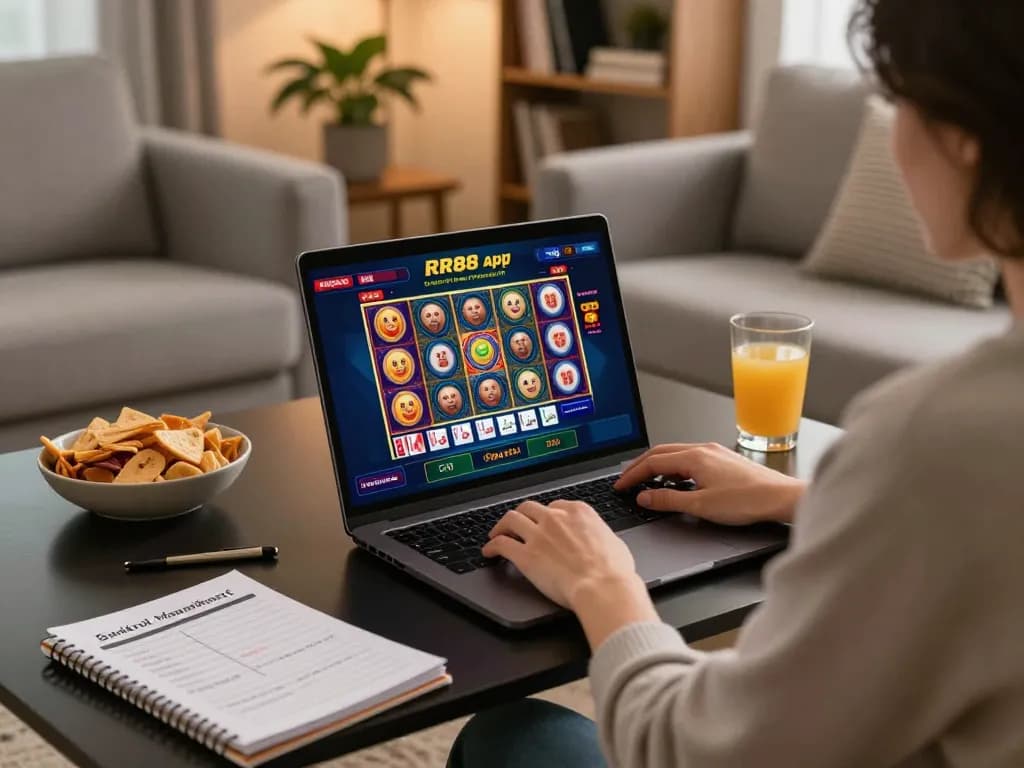 Playing RR88 apk on a laptop in a cozy home atmosphere, showcasing dynamic online gaming with strategic focus.