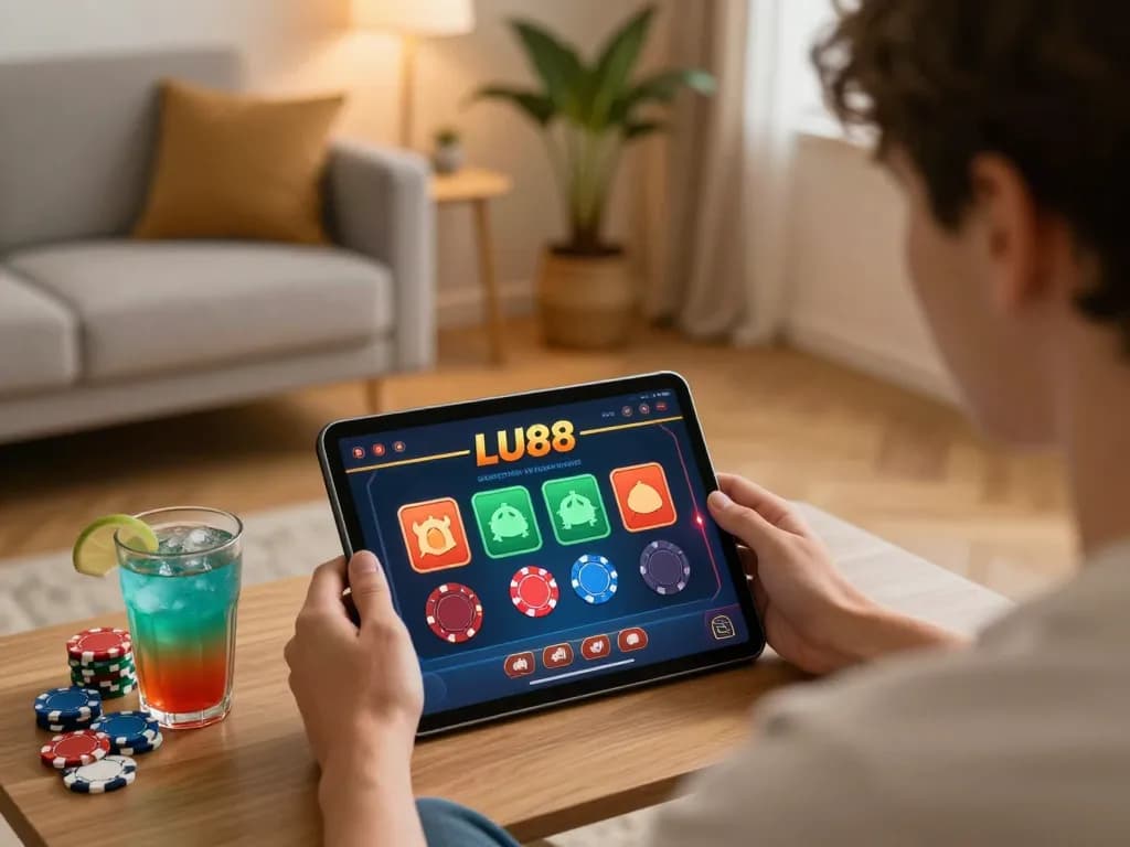 Player engaged in betting on the LU88 app in a cozy home setting, showcasing responsible gambling.
