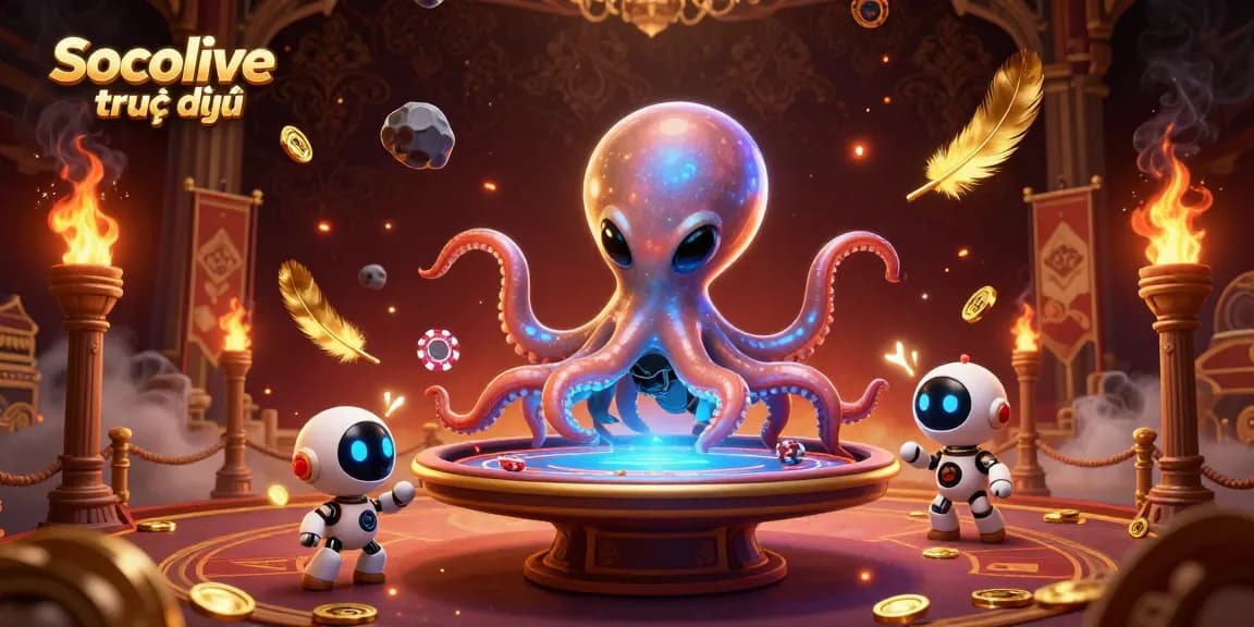 Engage with Socolive trực tiếp, where an alien octopus and robot host a cosmic poker game in stunning 3D.