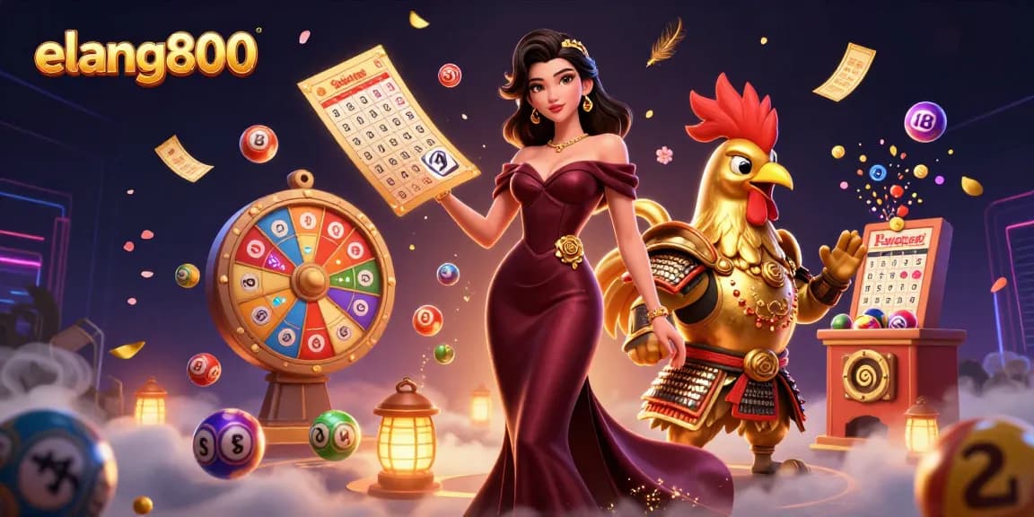 Experience enticing rewards with elang800 in a vibrant 3D casino scene filled with lottery excitement.