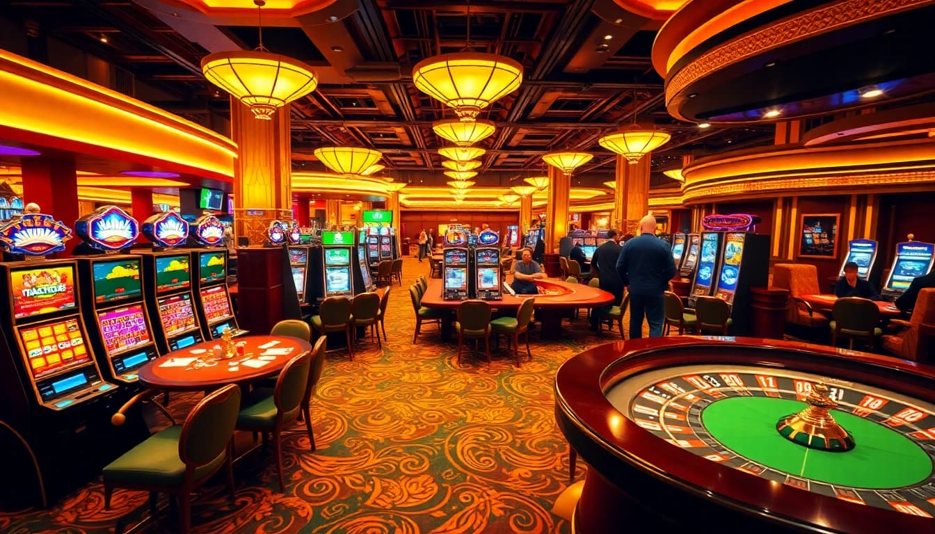 NAGA1001 casino scene with players enjoying slot machines and poker tables, emphasizing luxury and excitement.