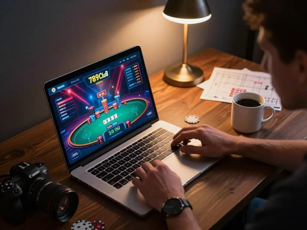 Player strategizing in a 789club online poker game with laptop and cozy setup.