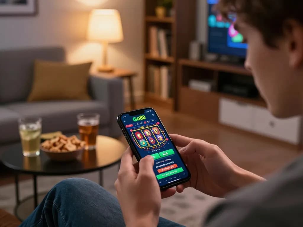 Go88 player immersed in dynamic online blackjack game on smartphone amidst cozy home setting.