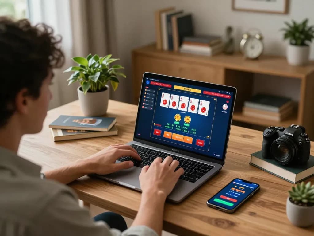 Engaged player using laptop for online casino games at home with five88 interface displayed