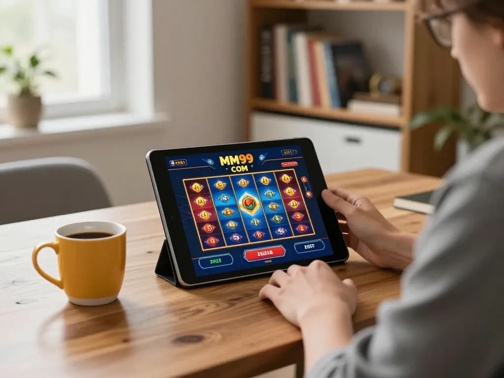 Engaging in strategic betting on MM99 COM platform with a tablet in cozy home office