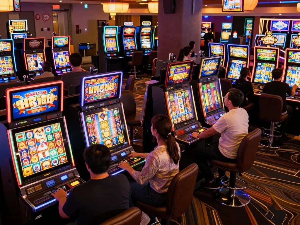 Players enjoying slot mahjong games amidst vibrant casino lights, celebrating wins in a lively atmosphere.