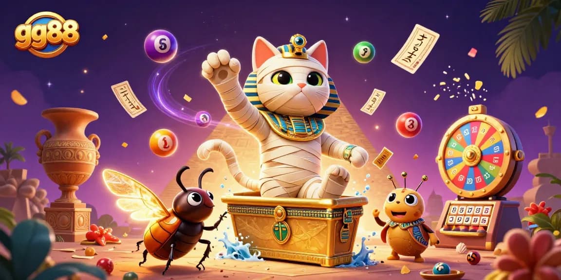 Engage with gg88's vibrant gaming scene featuring dynamic lottery elements and a magical pyramid casino.