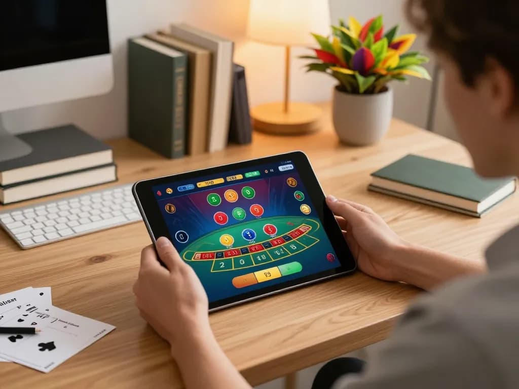 Player using dash88 mobile app to place blackjack bets in a cozy home office.