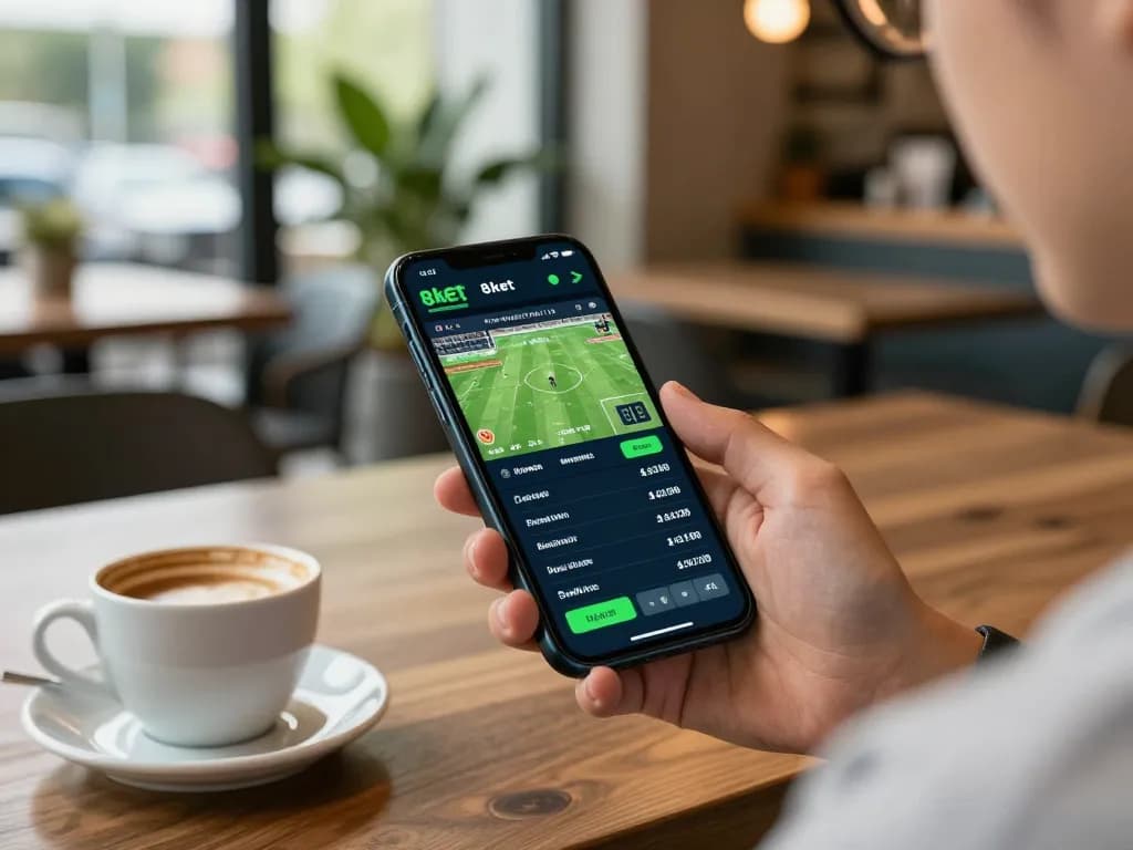Engaged individual placing bets on the 8xbet app in a stylish cafe, emphasizing mobile gaming excitement.