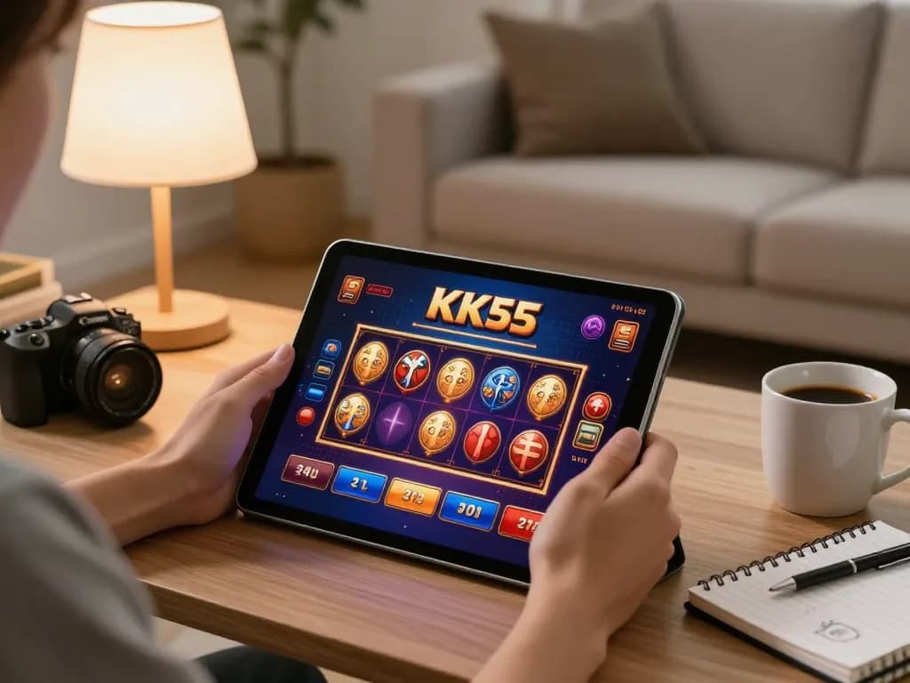Person playing KK55 casino games on a tablet in a cozy home setup with strategy notes.