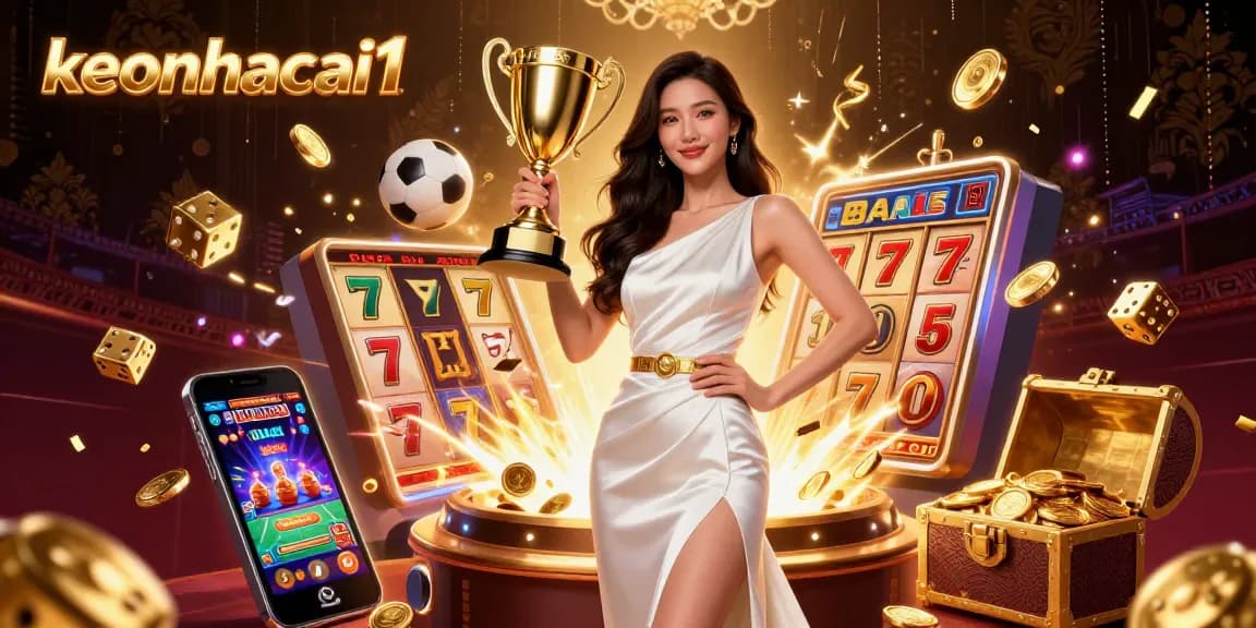 Celebrate with keonhacai1, as a victorious Asian woman holds a trophy amidst sports betting excitement.
