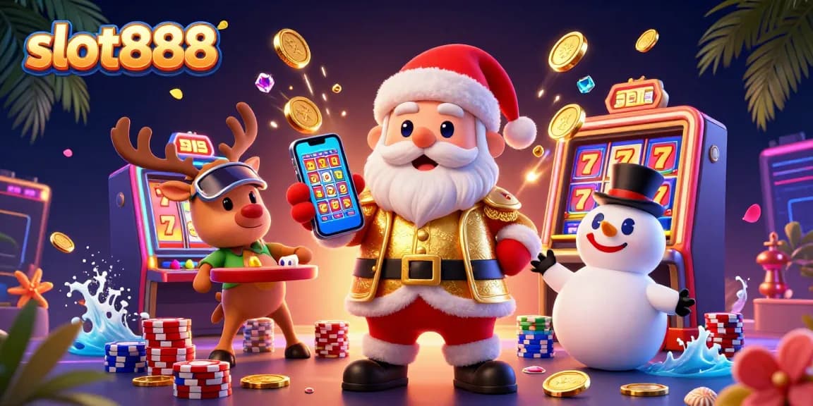 Spin jackpot slots with slot888 while enjoying a festive casino scene featuring Santa, a reindeer dealer, and a poker snowman.