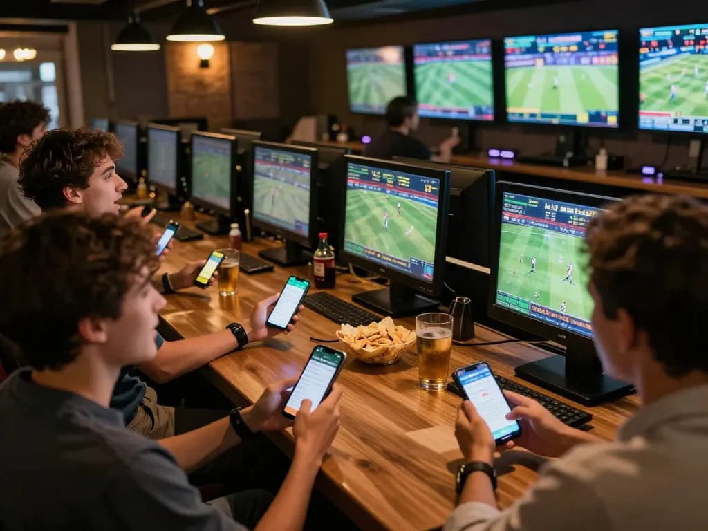 Engaged players using the THABET app for live sports betting, enjoying a lively atmosphere with multiple screens.