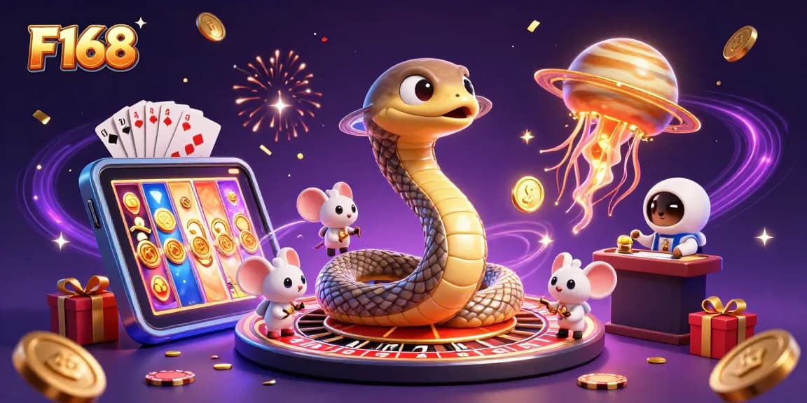 Experience thrilling gameplay at F168 with a cosmic roulette and vibrant gaming elements.