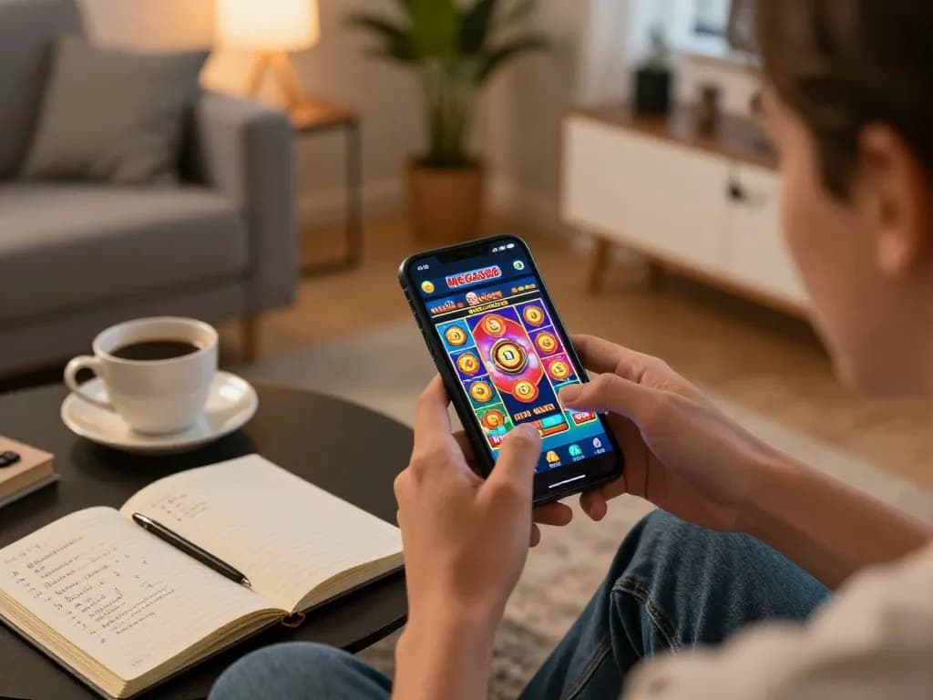 Playing MEGA888 on smartphone in a cozy living room, capturing the thrill of online casino gaming.