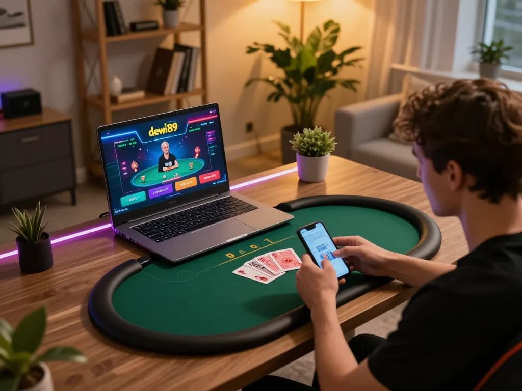 Pemain berinteraksi dengan antarmuka kasino online dewi89 di laptop, menampilkan momen permainan yang strategis.