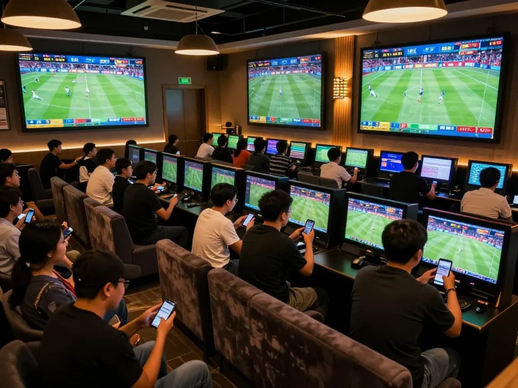 Engaging sports bettors analyzing odds at keonhacai lounge during live match.