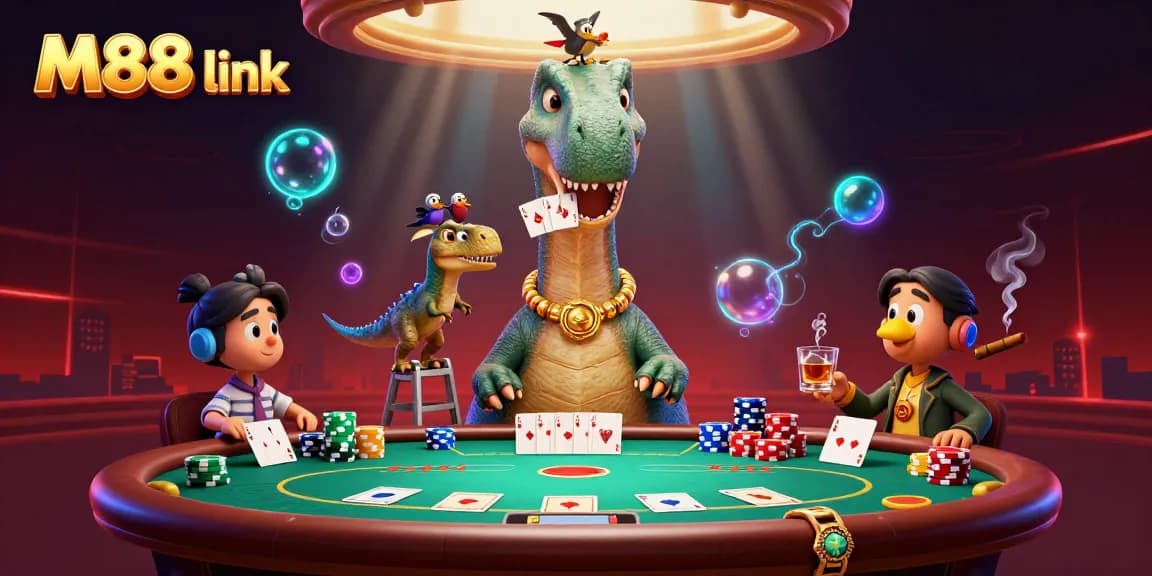 Experience thrilling gameplay at M88 link with this stunning 3D casino illustration showcasing action-packed card dealing.