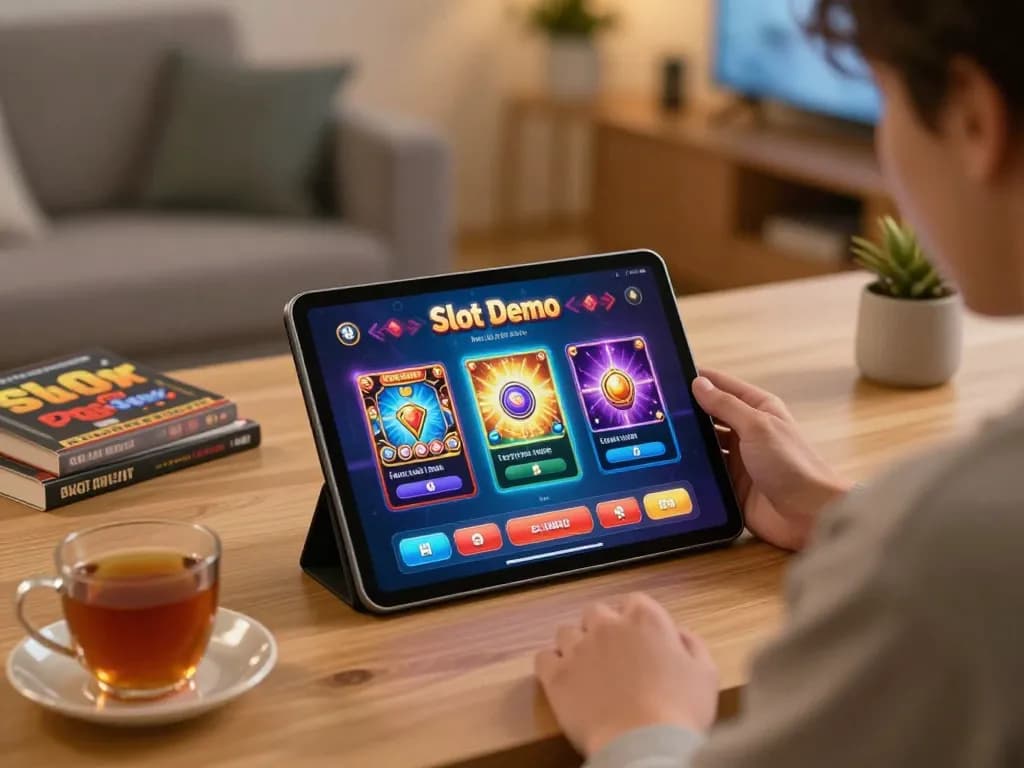 Berinteraksi dengan Slot Demo PG Soft Lengkap di tablet dalam pengaturan rumah yang stylish.