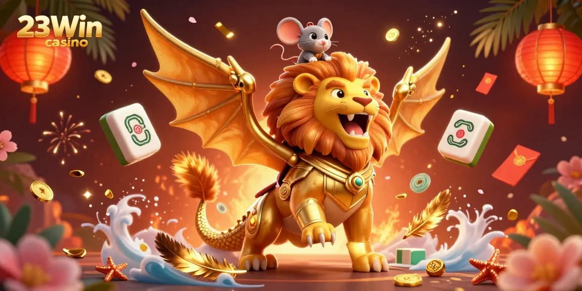 Experience the thrill of 23Win casino with dynamic 3D illustration of a chimera and gaming elements.