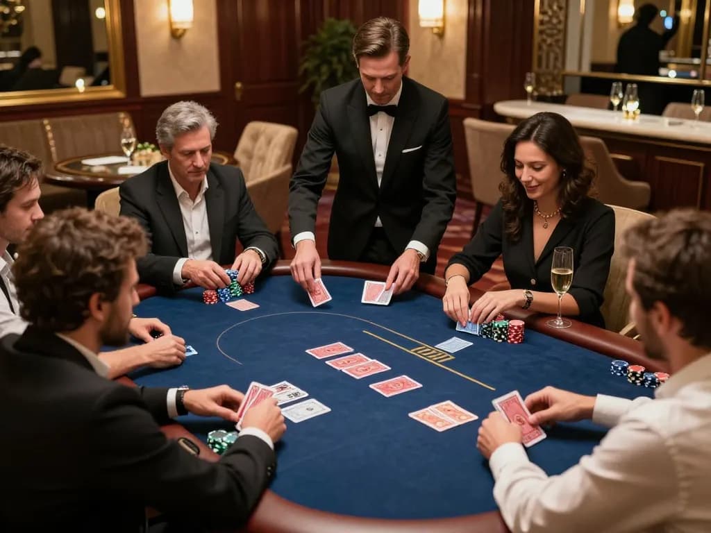 Players enjoying an intense poker game at a VIP room in vipwin, showcasing strategic play and high stakes.