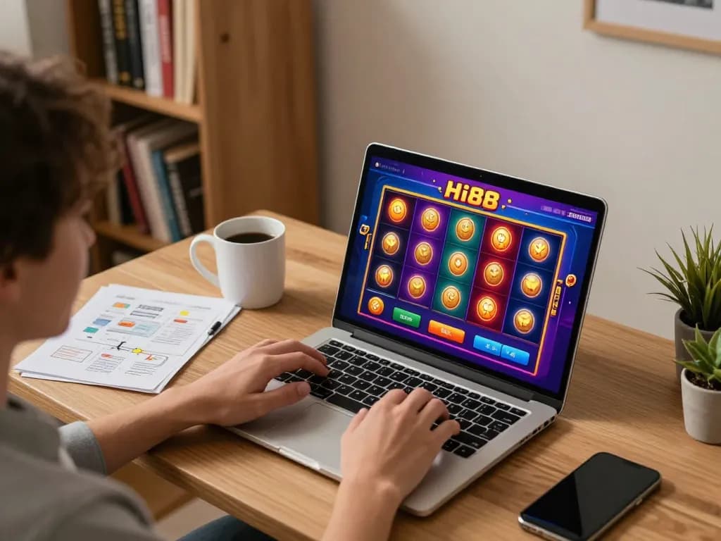 Playing engaging Hi88 com slot games on a laptop from a comfortable home setup with strategy notes nearby.