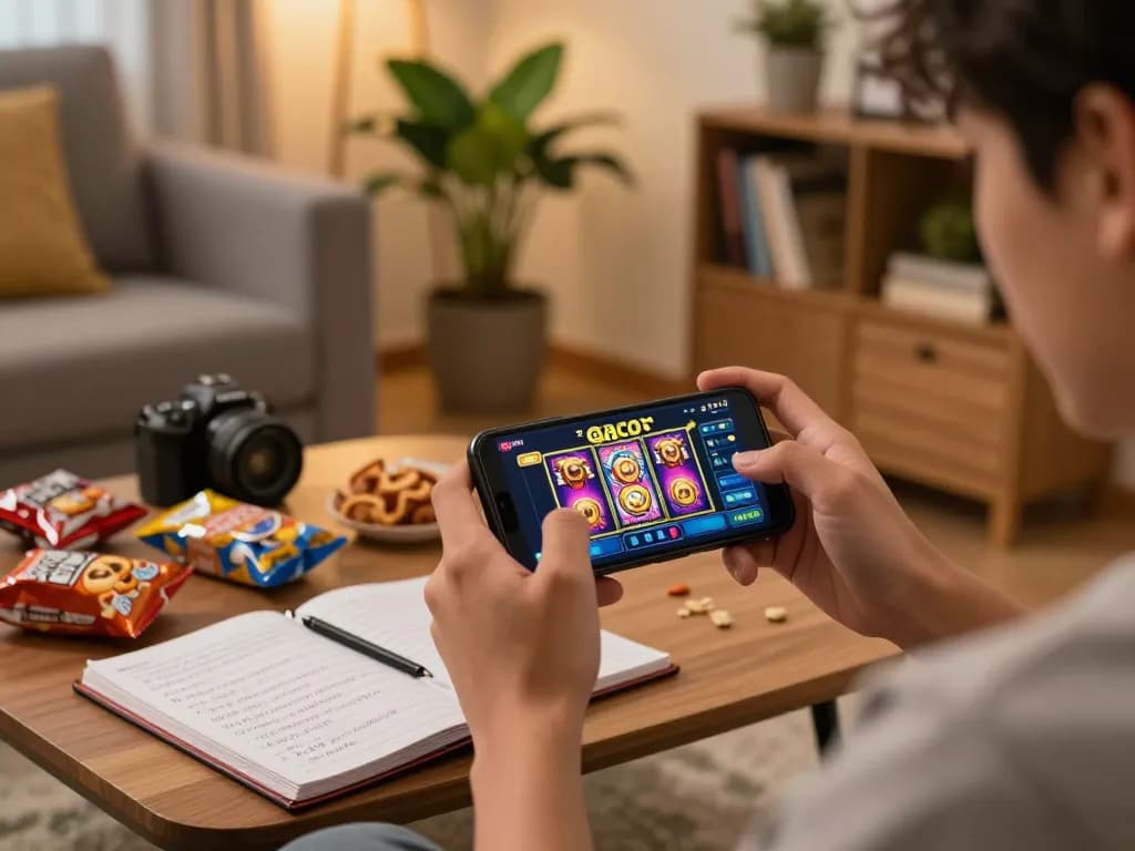 Witness the excitement of slot gacor as a player spins on a smartphone in a cozy home setting.