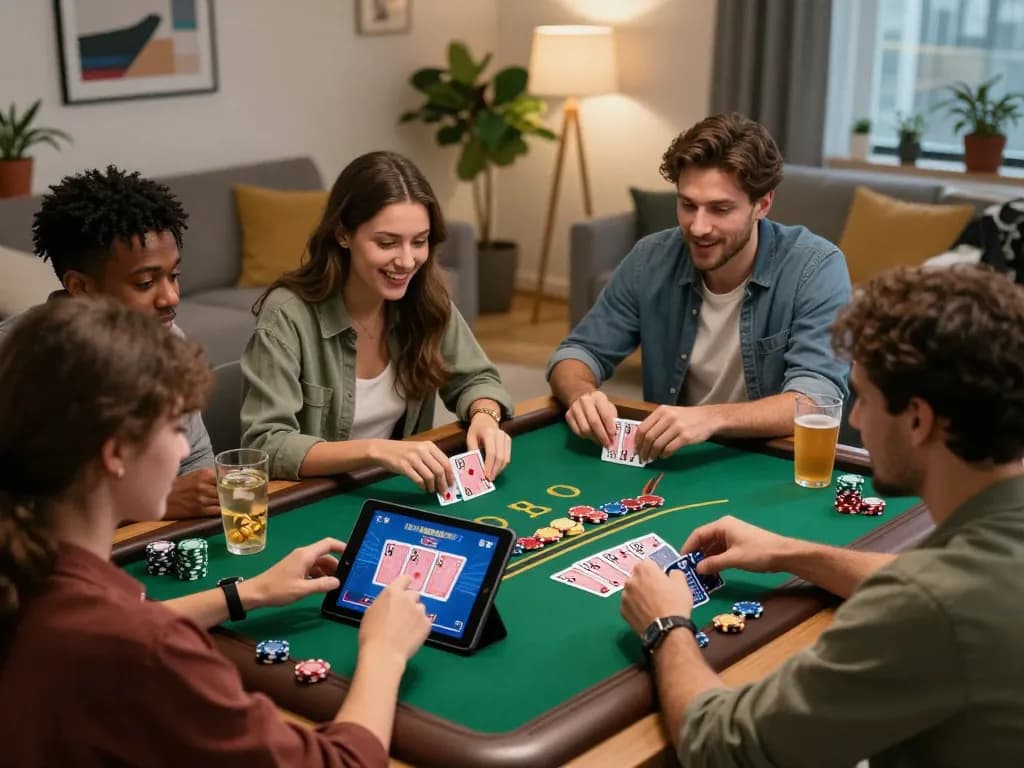 Enjoying a thrilling TR88 blackjack game on a tablet, friends celebrating together in a lively home setting